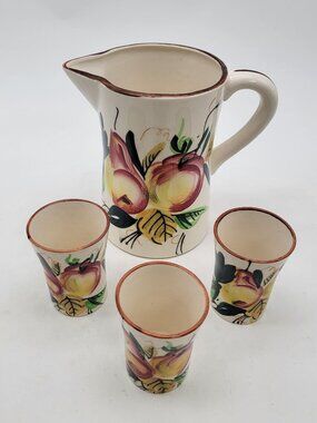 Vintage Nasco Hand-Painted Pitcher 3 Cup Set Floral Design Ceramic Made In Japan